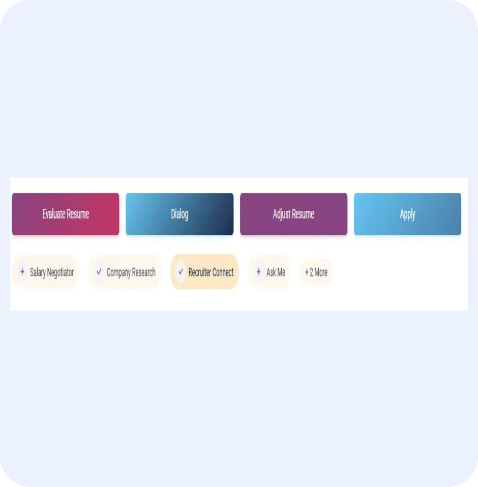 Recruiter Connect tool interface highlighting options for job seekers, including Evaluate Resume, Dialog, Adjust Resume, and Apply, emphasizing streamlined access to recruiter contact information.